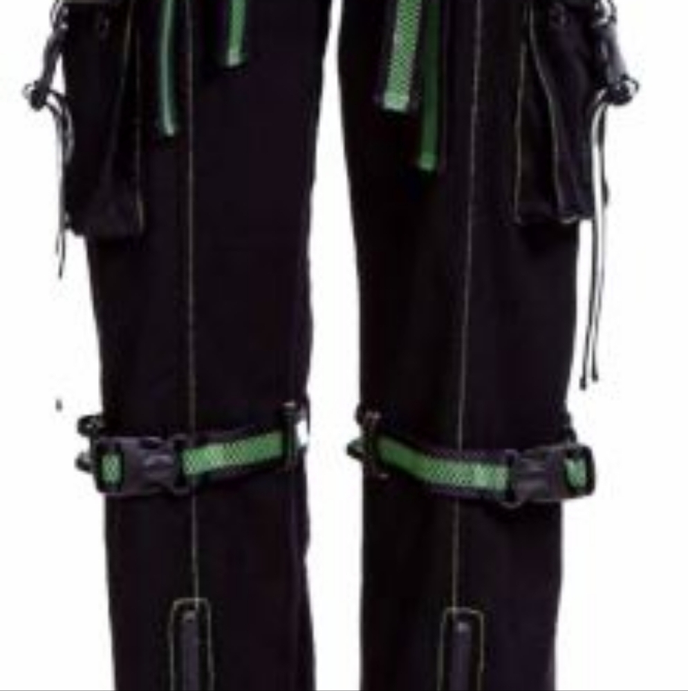 Cybergoth Rave Straight Leg Cargo Pants with Green Buckle & Pockets - Picture 3 of 5